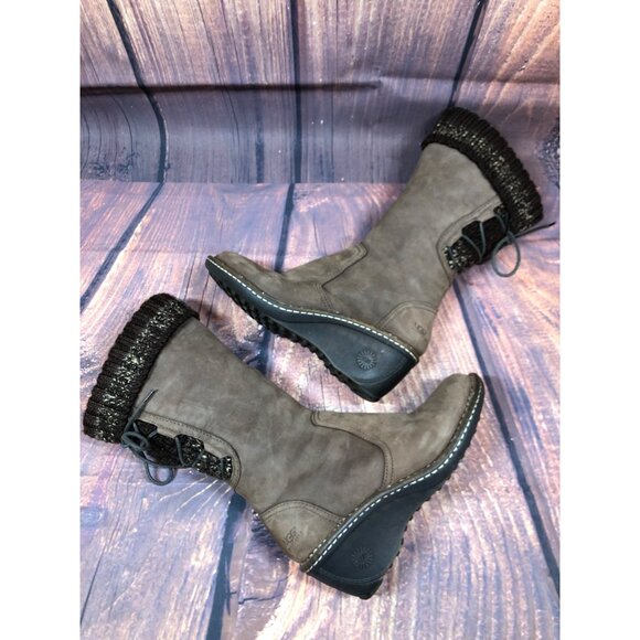 UGG Skylair 1936 Brown Leather Knit Cuff Tall Boots Wedge Womens 7 / 38 (r8e) - Picture 5 of 10